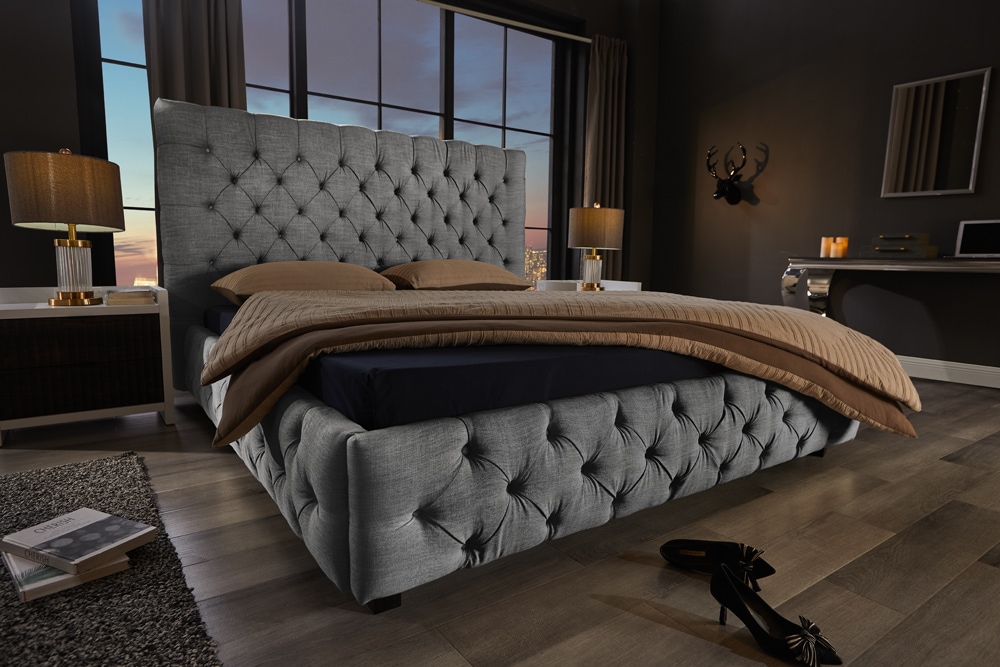 Design Boxbett PARIS 180x200cm grau Leinen Chesterfield Doppelbett