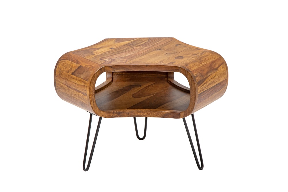 Retro Couchtisch ORGANIC LIVING 70cm braun Sheesham Massivholz stone finish Stauraum