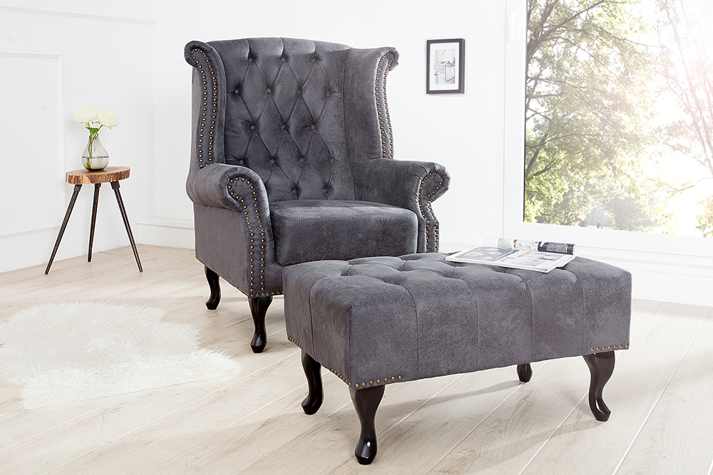 Chesterfield Ohrensessel antik grau Microfaser mit Knopfheftung