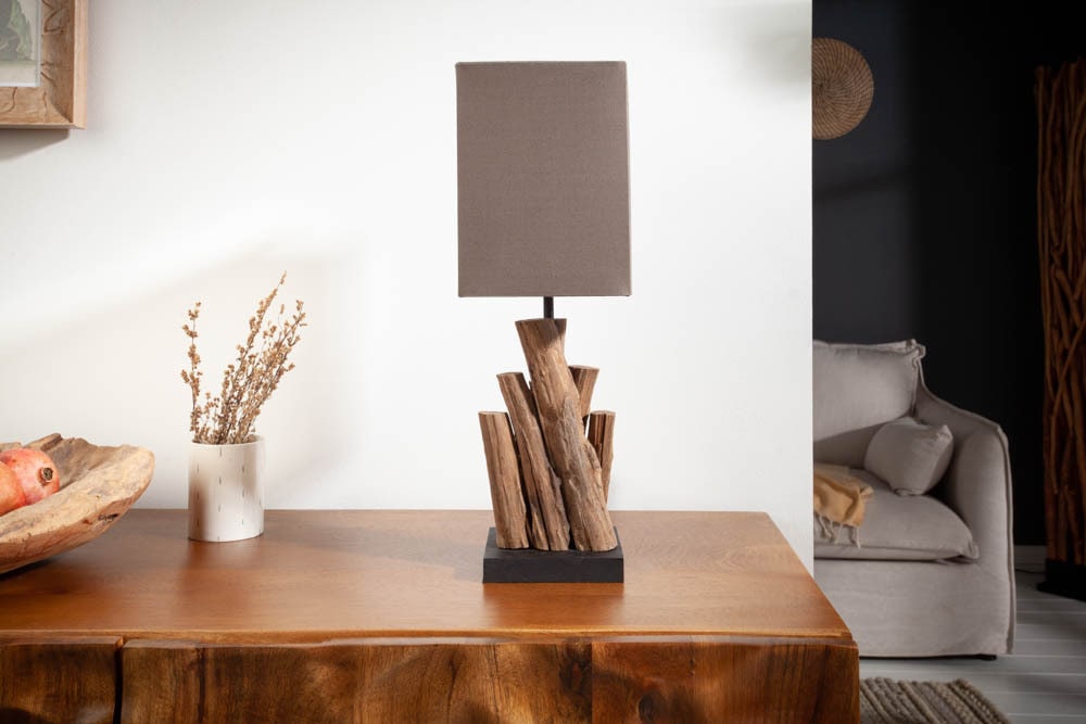 Handgefertigte Tischlampe PURE NATURE 45cm Eisenholz mit Baumwollschirm