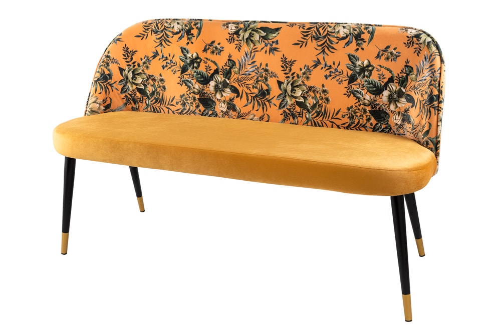 Design Bank PRÊT-À-PORTER gelb Samt florales Muster und goldene Fußkappen