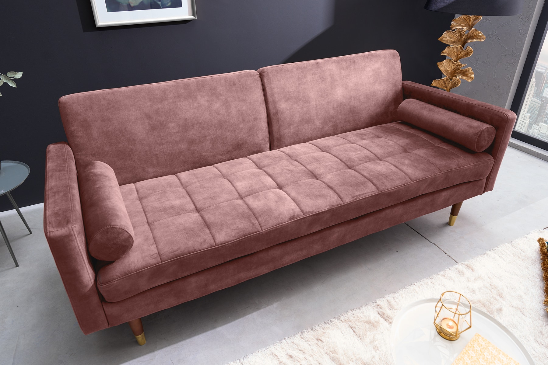 Modernes Schlafsofa COUTURE 200cm altrosa Microvelours 3-Sitzer Couch mit Schlaffunktion