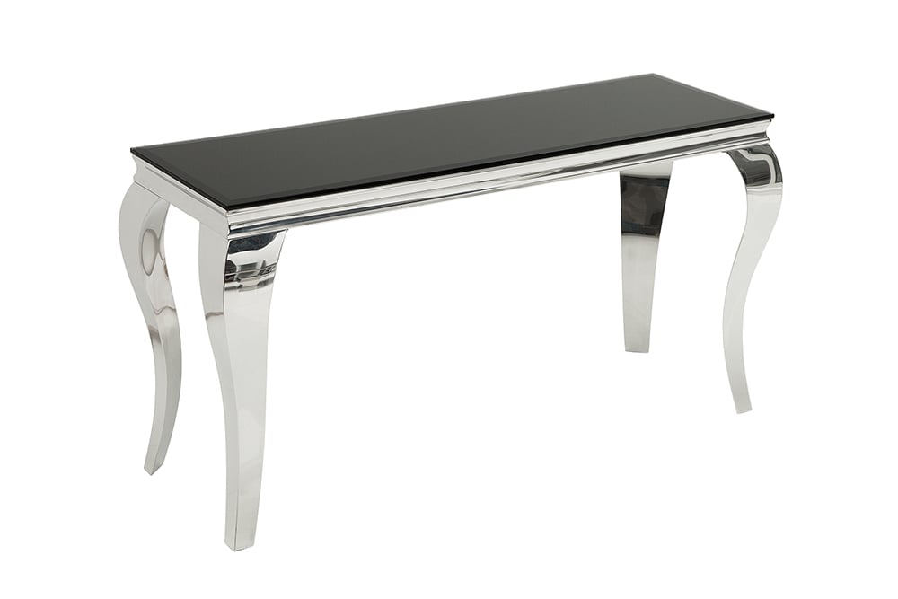 Eleganter Konsolentisch MODERN BAROCK 145cm schwarz Opalglas Edelstahlbeine