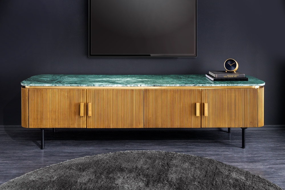 Design TV-Board VENEZIANO 160cm messing grün Marmorplatte Mangoholz Retro