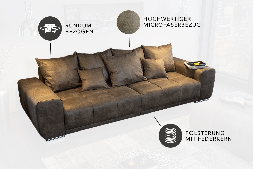 Big Sofa ELEGANCIA 285cm taupe Microfaser XXL Couch inkl. Kissen Federkern