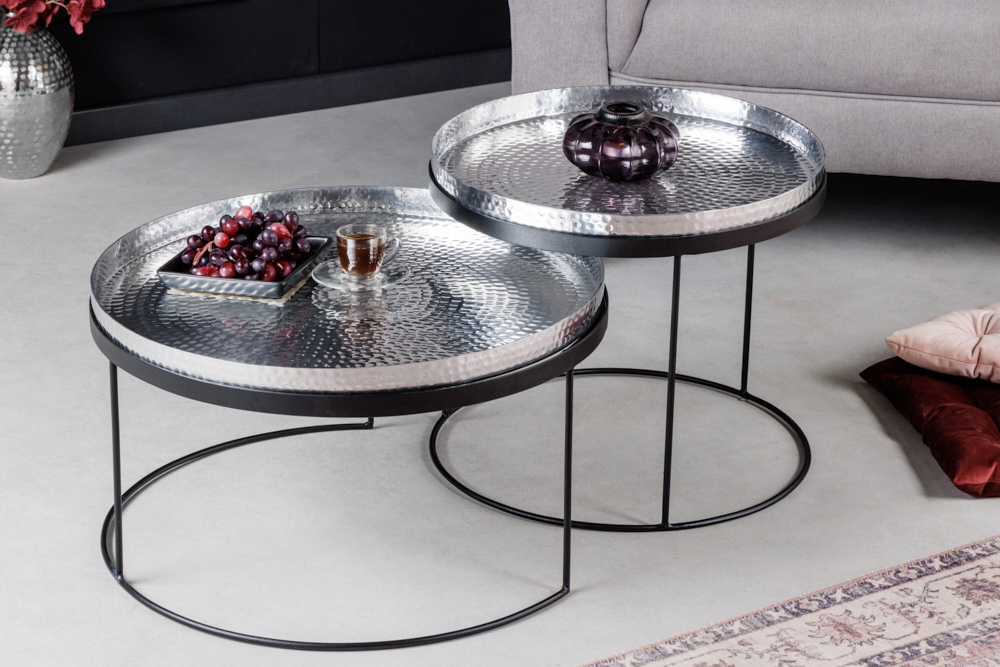 2er Set Runde Couchtische ELEMENTS 60cm silber schwarz Metall Tabletttisch Beistelltisch