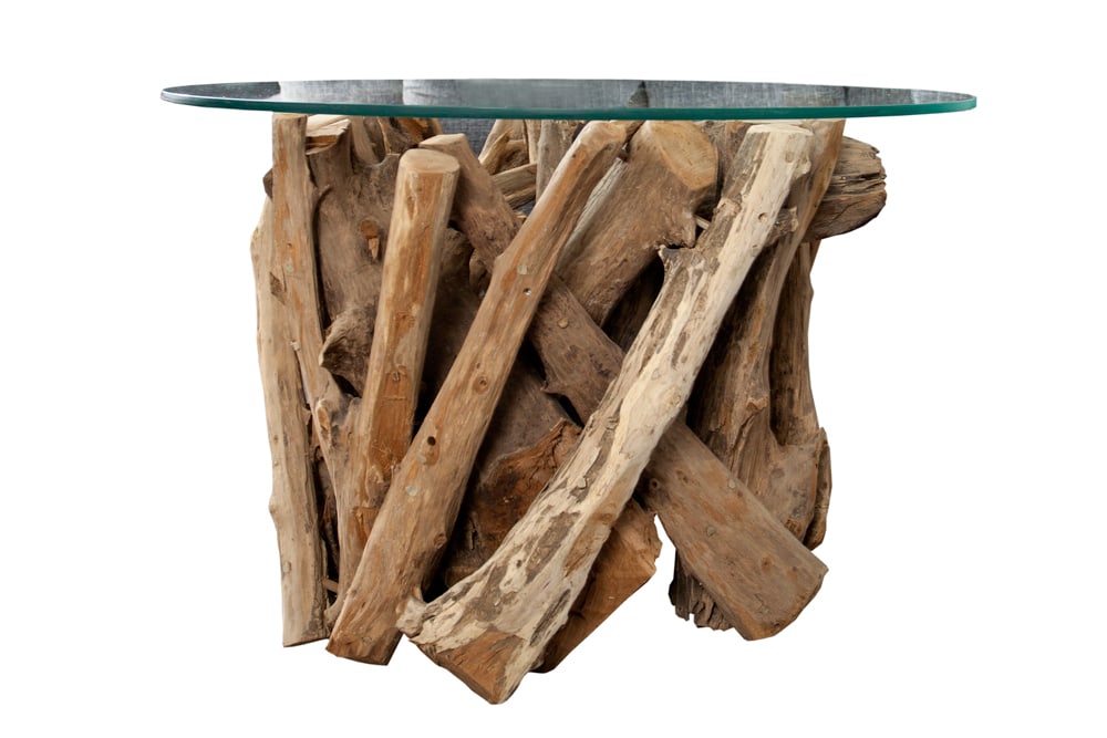 Design Couchtisch NATURE LOUNGE 60cm Teakholz mit runder Glasplatte Beistelltisch