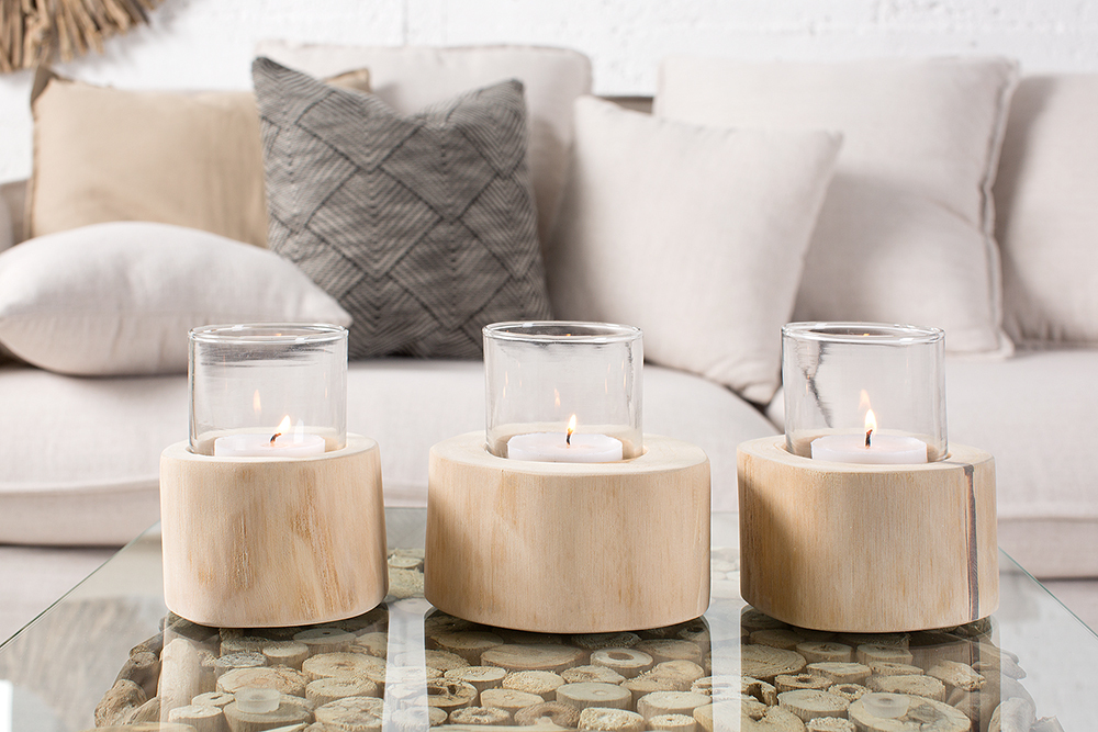 Elegantes 3er Set Windlicht LIMOTION Teakholz Outdoor Teelicht Kerzenhalter