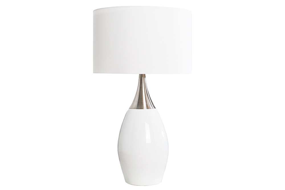 Moderne Tischlampe CARLA 60cm weiß silber mit Leinenschirm
