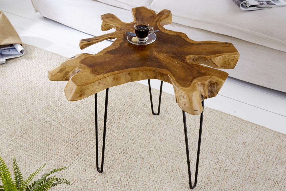 Einzigartiger Beistelltisch WILD 60cm Teakholz Baumscheibe Couchtisch