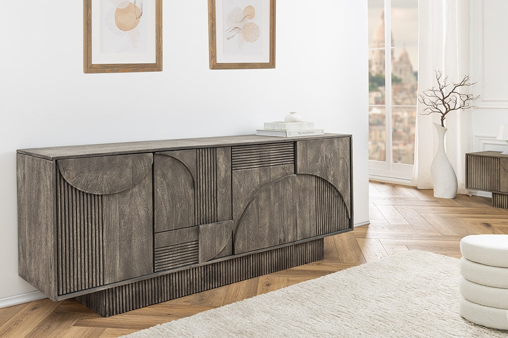 Design Sideboard ART DECO 170cm grau smoked Mangoholz massiv 3D-Front