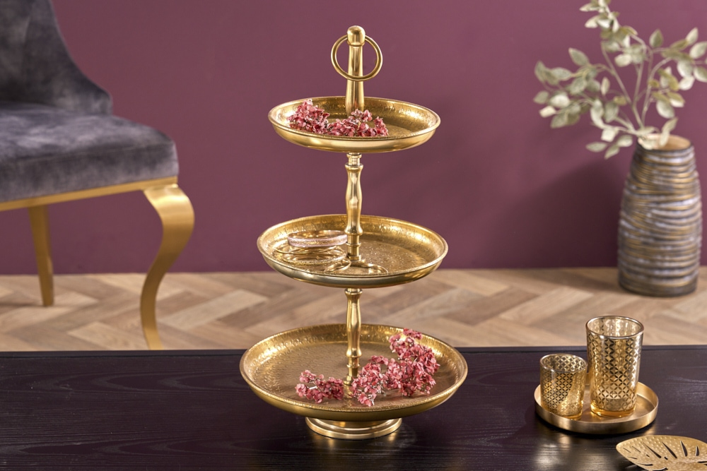 Etagere ORIENT 50cm gold mit drei Etagen im Hammerschlag Design Etagere ORIENT 50cm gold mit drei Etagen im Hammerschlag Design
