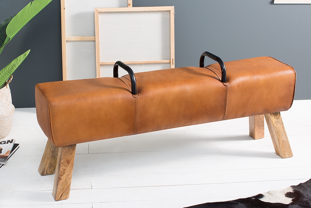Retro Sitzbank TURNBOCK 134cm mit Echtleder Bezug Mangoholz Bank