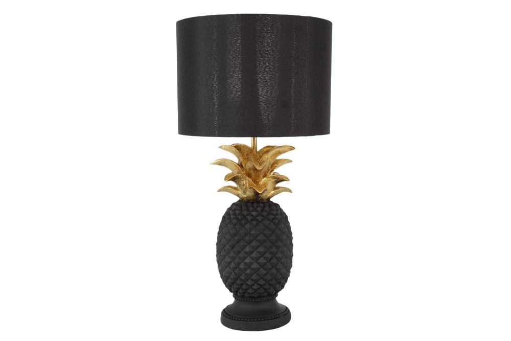 Handgefertigte Tischlampe PINEAPPLE 50cm schwarz Ananas-Design gold mit Stoffschirm