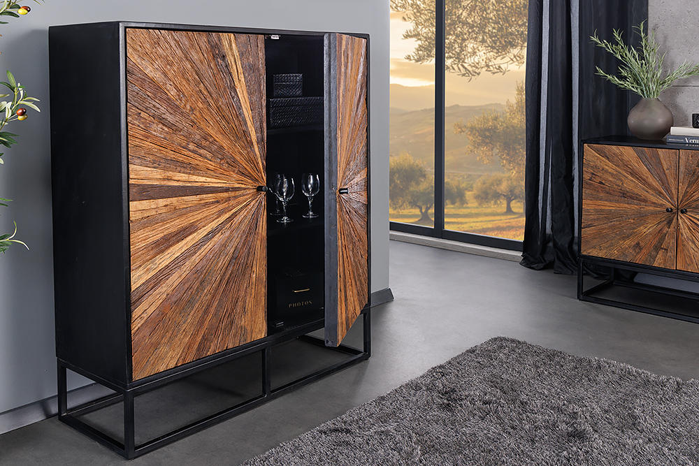 Massives Highboard BARRACUDA 120cm braun Mangoholz mit Teakholz-Front schwarz Metall