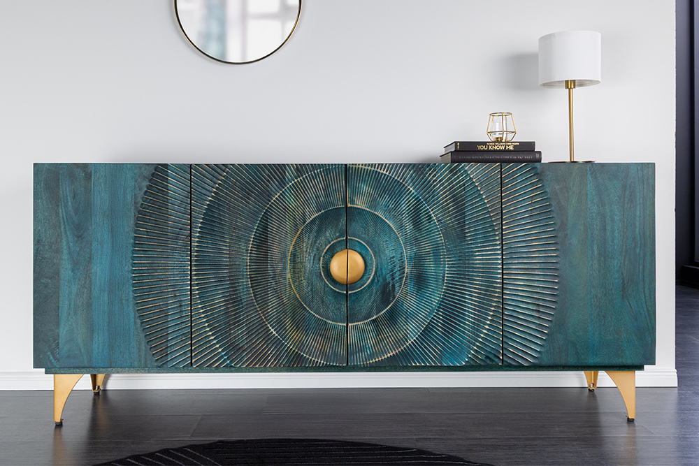 Handgearbeitetes Sideboard GOLDEN SUNSET 180cm türkis gold Mangoholz Metallbeine