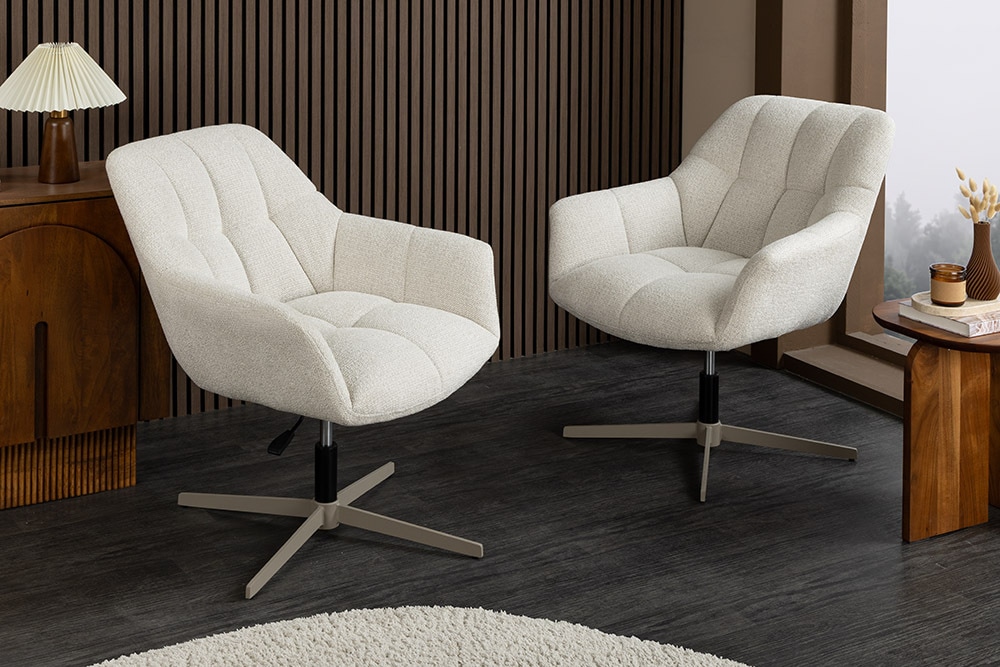 Drehbarer Design Sessel PAPILLON beige Bouclé Tweed soft 360° Metall höhenverstellbar