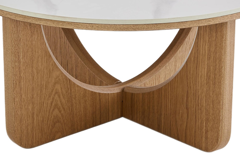 Runder Couchtisch ENSO 80cm weiß Marmor Keramik Eichenholz