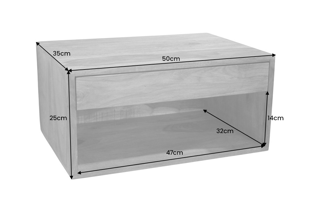 Hängender Nachttisch PURE 50cm braun Sheesham Massivholz stone finish Regal Schublade