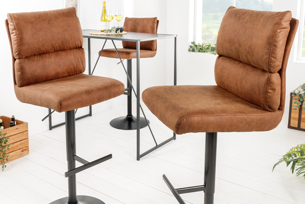 Höhenverstellbarer Barhocker COMFORT antik braun Microfaser drehbar mit Lehne Metall schwarz