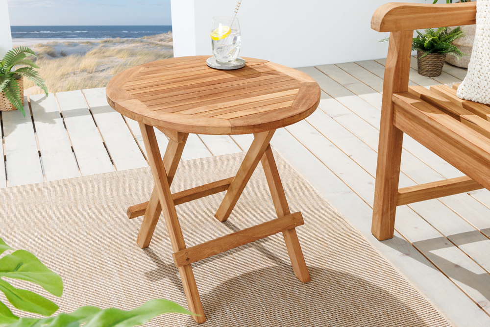 Massiver Gartenbeistelltisch EMPIRE TEAK 50cm natur Teakholz klappbar rund Outdoor
