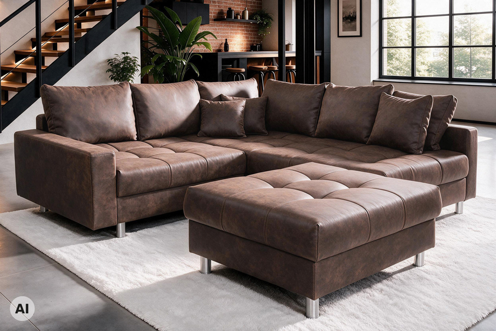 Modernes Ecksofa KENT 220cm braun Federkern Wohnlandschaft inkl. Hocker und Kissen
