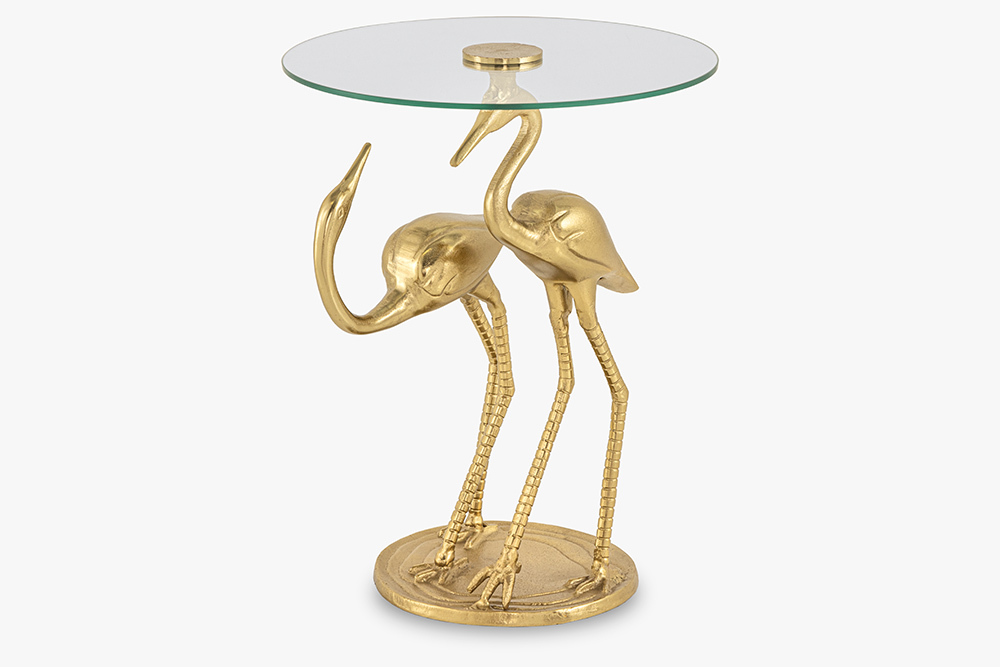 Runder Beistelltisch WILDLIFE CRANE 55cm gold Glas Kranich-Skulptur handmade