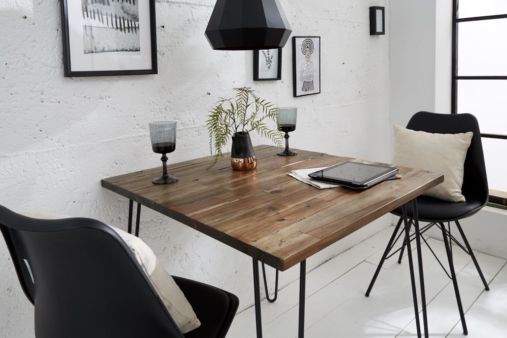 Massivholz Esstisch SCORPION 70cm vintage braun Akazie schwarze Metallbeine Hairpin Legs