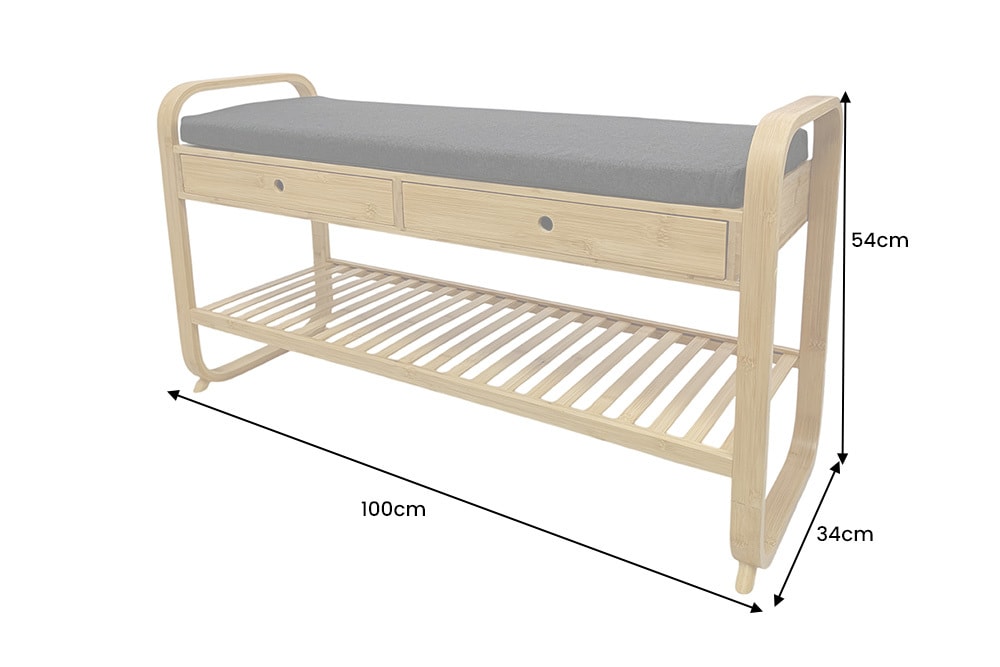 Stilvolle Schuhbank ZEN-BO 100cm natur grau Bambus Regal Sitzbank mit Schubladen