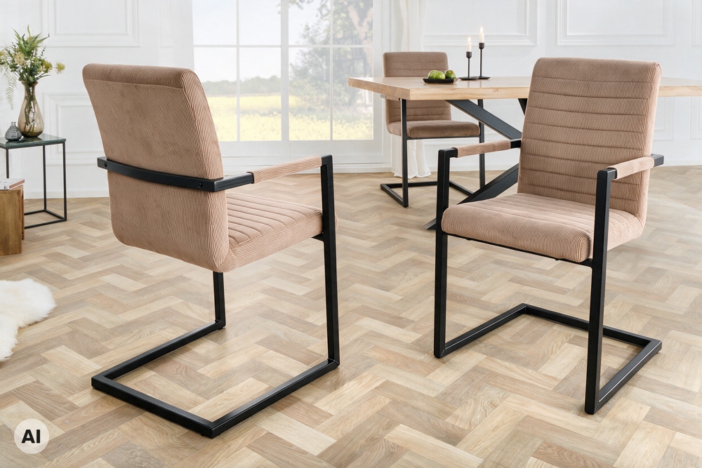 Industrial Freischwinger LOFT taupe Cord schwarz Eisen mit Armlehne