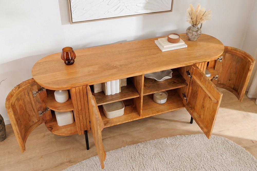 Massives Sideboard GATSBY 160cm natur Mangoholz schwarz Metall mit Lamellenfront