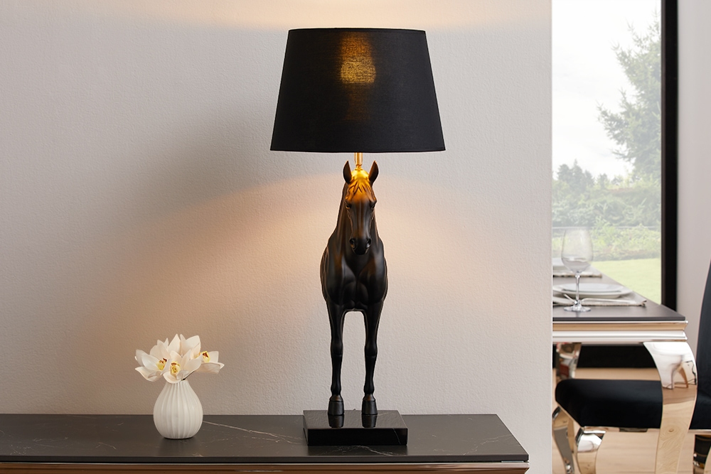 Extravagante Tischlampe BLACK BEAUTY 75cm schwarz gold Pferde-Skulptur