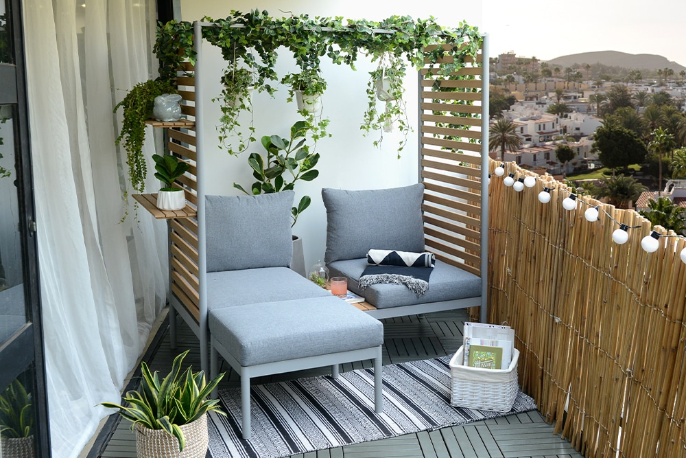 Outdoor Balkonlounge 2-Sitzer COCOONING anthrazit Aluminium Holz mit Hocker wetterfest
