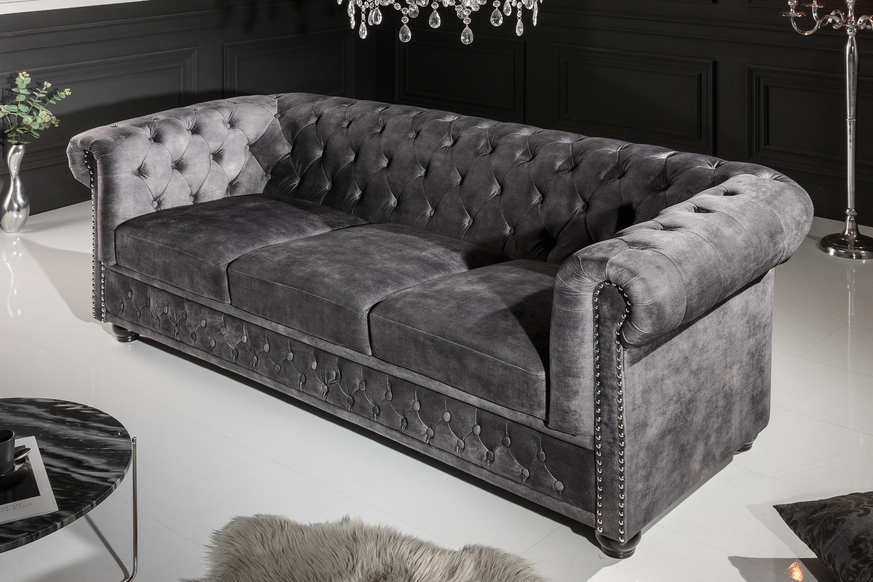 Chesterfield 3-Sitzer Sofa 205cm grau Samt Federkern Knopfheftung