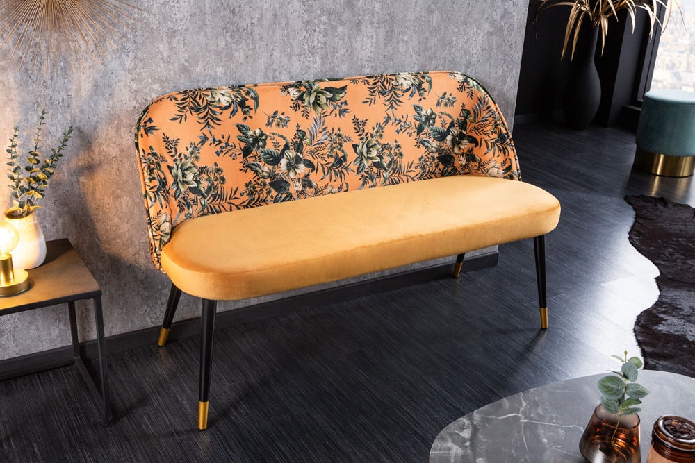 Design Bank PRÊT-À-PORTER gelb Samt florales Muster und goldene Fußkappen