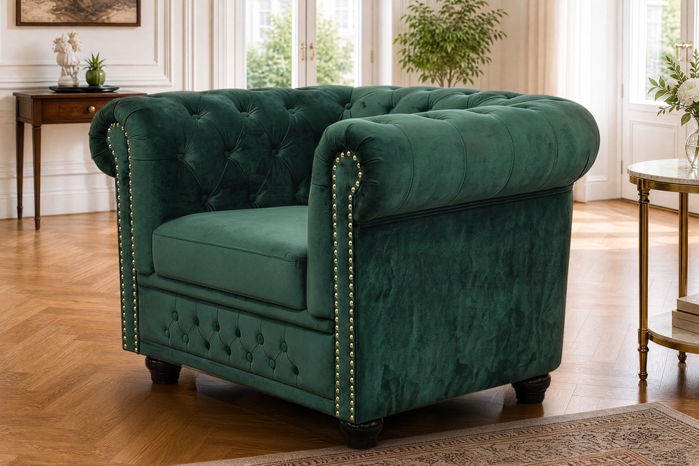Barocker Sessel CHESTERFIELD flaschengrün Samt Federkern mit Knopfheftung