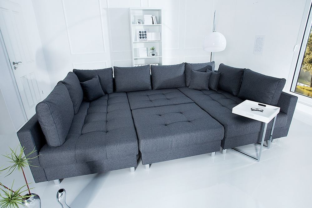 Moderne XXL Wohnlandschaft KENT 305cm anthrazit Federkern Bigsofa inkl. Hocker