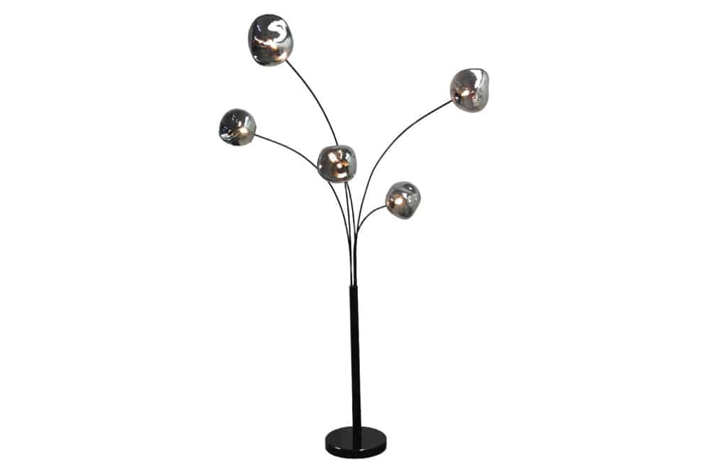 Design Stehlampe LIQUID DIAMOND 200cm schwarz smoke grau fünf Glasschirme mit Marmorfuß