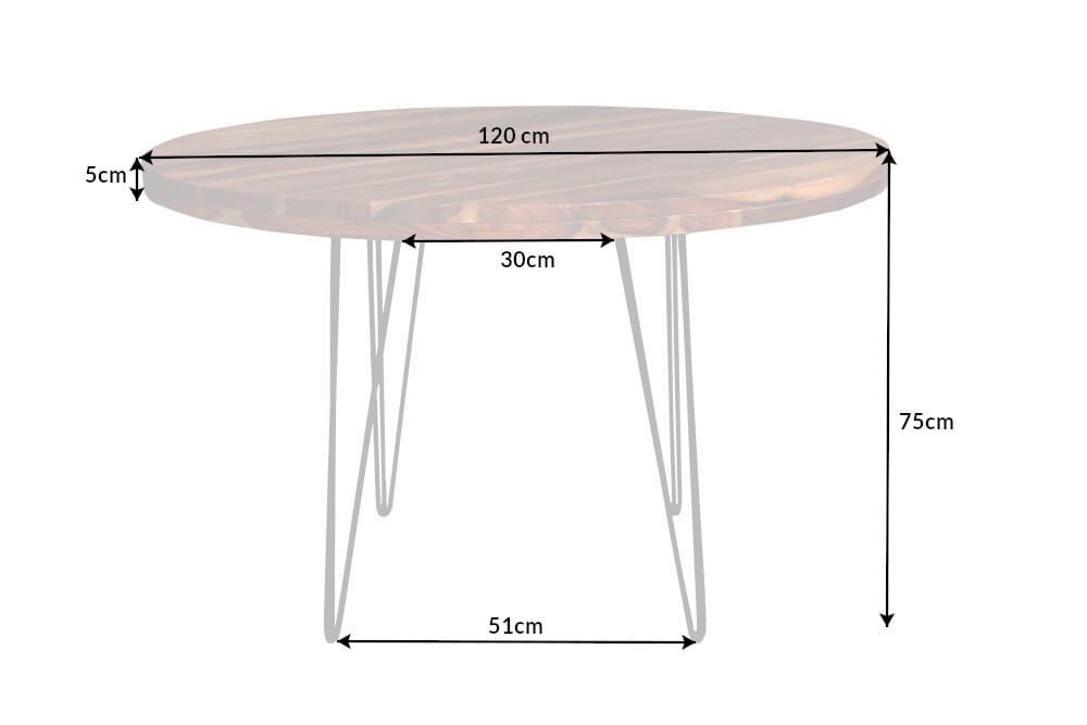 Runder Esstisch MAKASSAR 120cm braun Sheesham Massivholz stone finish Hairpin Legs