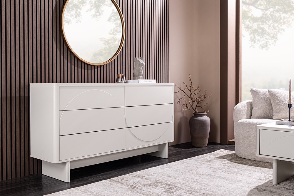 Design Sideboard SAVOY 150cm kaschmir weiß Marmor Keramik mit sechs Schubladen