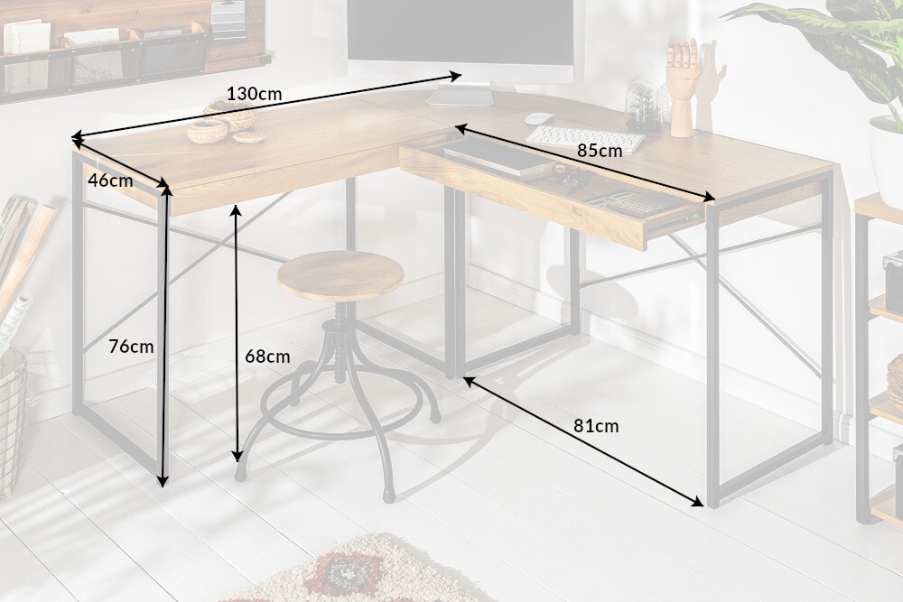 Industrial Eckschreibtisch STUDIO 130cm Eichenoptik mit Schubladen