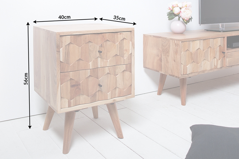Massivholz Nachttisch MYSTIC LIVING 60cm Akazie natur 3D-Design mit Stauraum