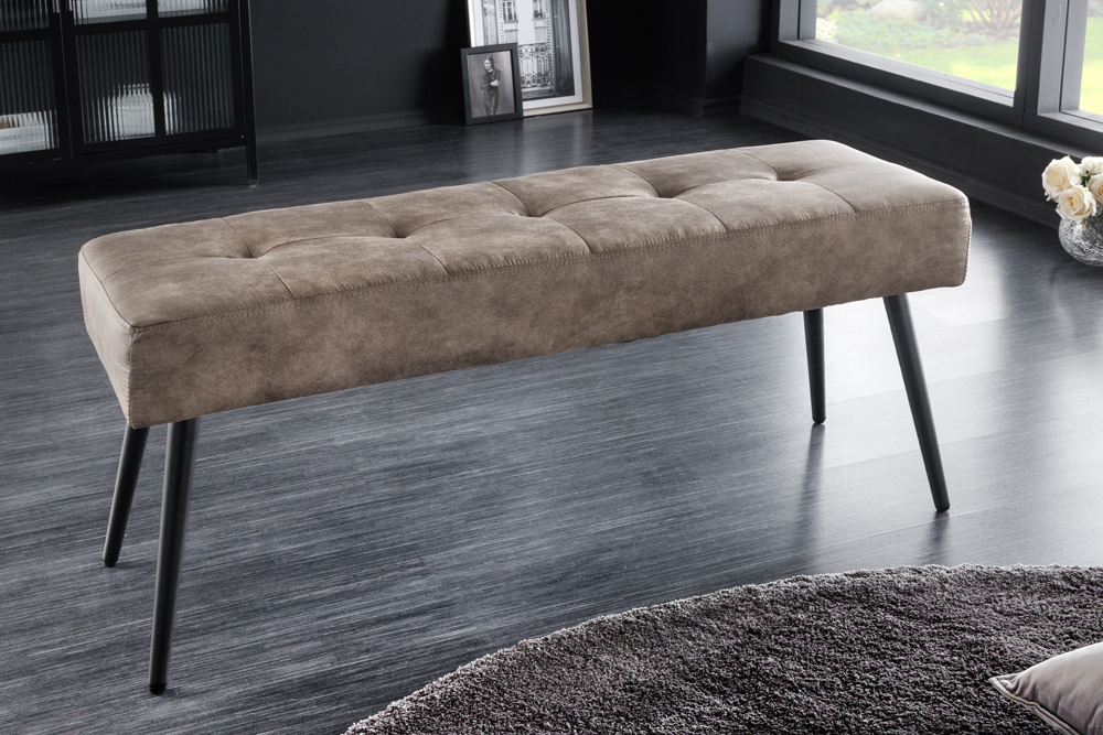 Design Sitzbank BOUTIQUE 100cm antik taupe Microfaser schwarze Metallbeine Polsterbank