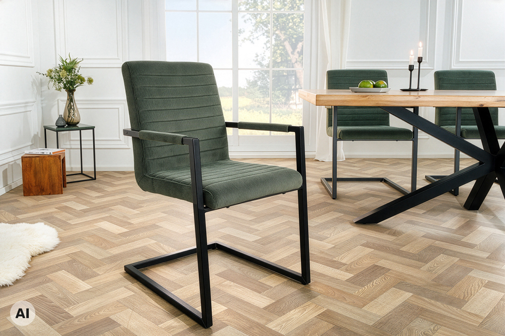 Industrial Freischwinger LOFT grün Cord schwarz Eisen mit Armlehne