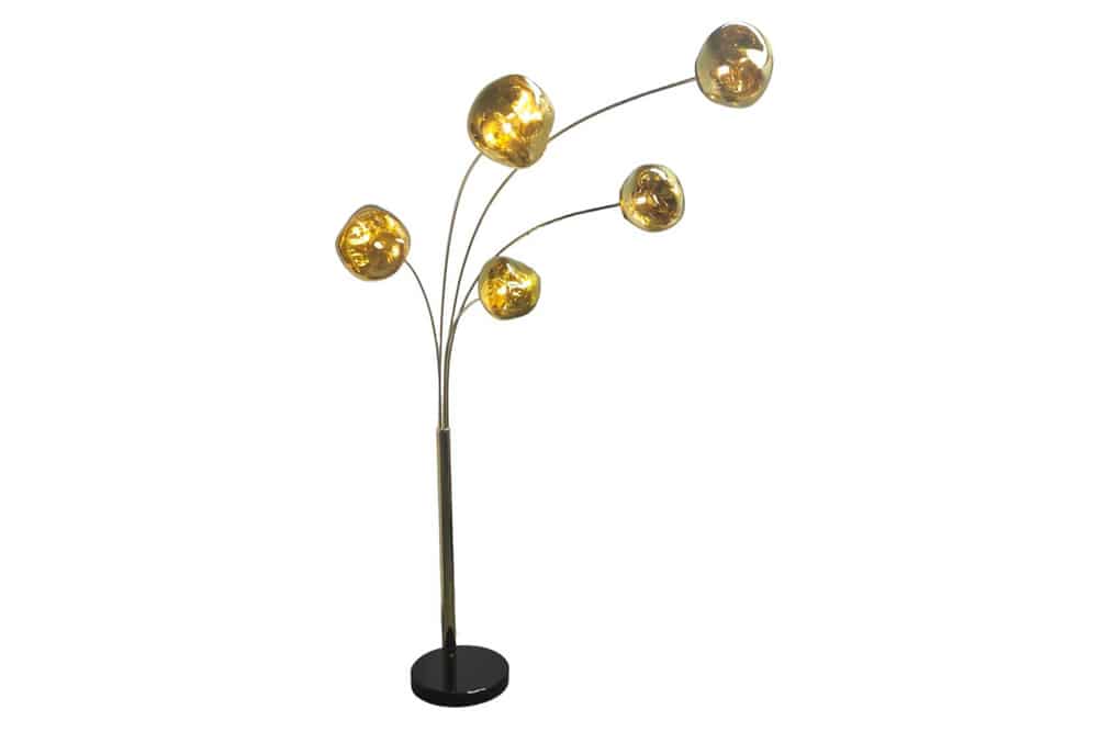 Design Stehlampe LIQUID DIAMOND 200cm gold fünf Glasschirme mit Marmorfuß