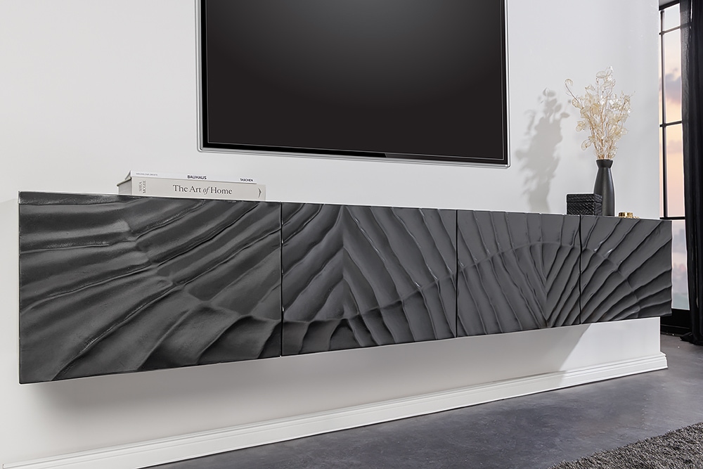 Massives TV-Lowboard SCORPION 200cm schwarz hängend Mangoholz 3D-Design