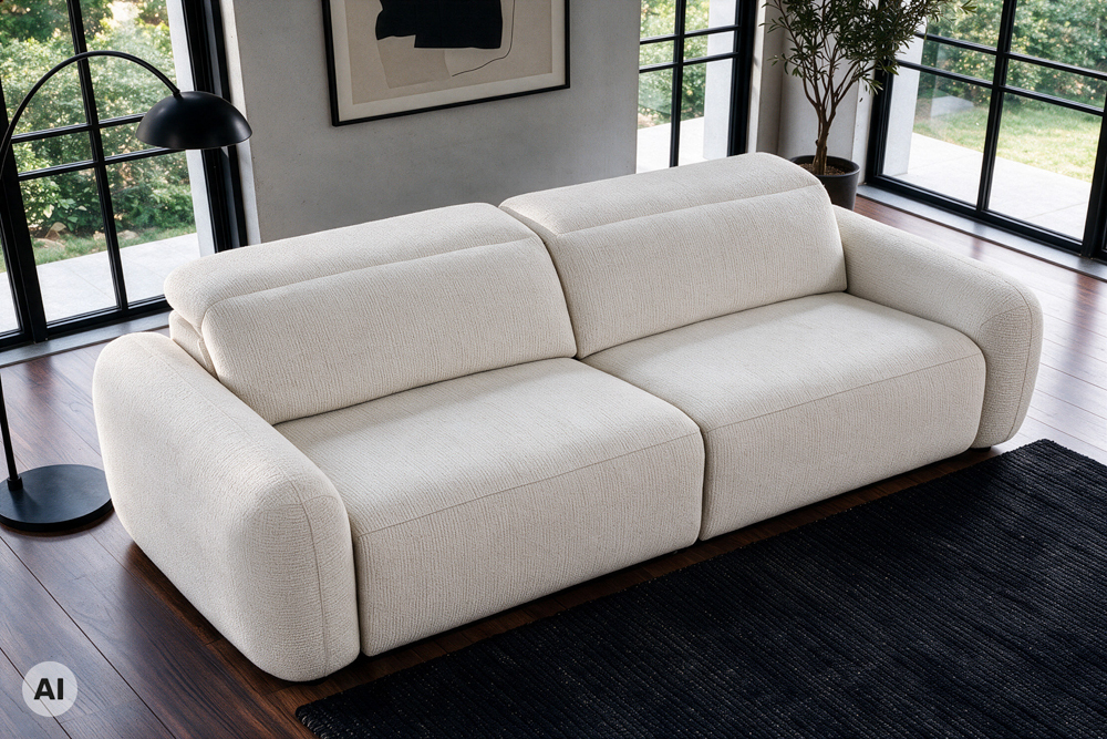 3er Sofa MILANO 220cm beige Bouclé Tweed Soft elektrisch verstellbare Fuß und Kopfstütze