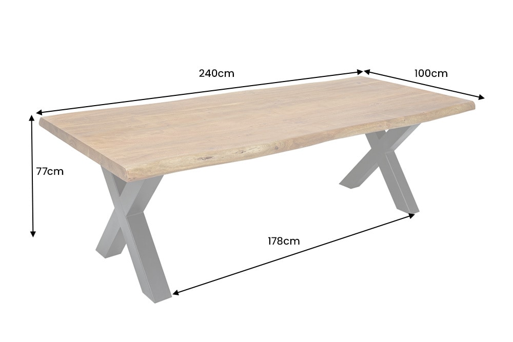 Vollmassiver Esstisch MAMMUT 240cm natur Akazie schwarz Metall Baumkante 6cm Tischplatte