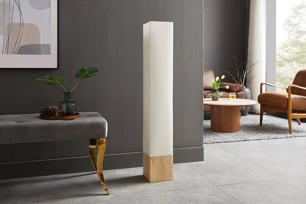 Moderne Stehlampe AGAPUNE 120cm weiß hellbraun Bambusfuß Stoffschirm