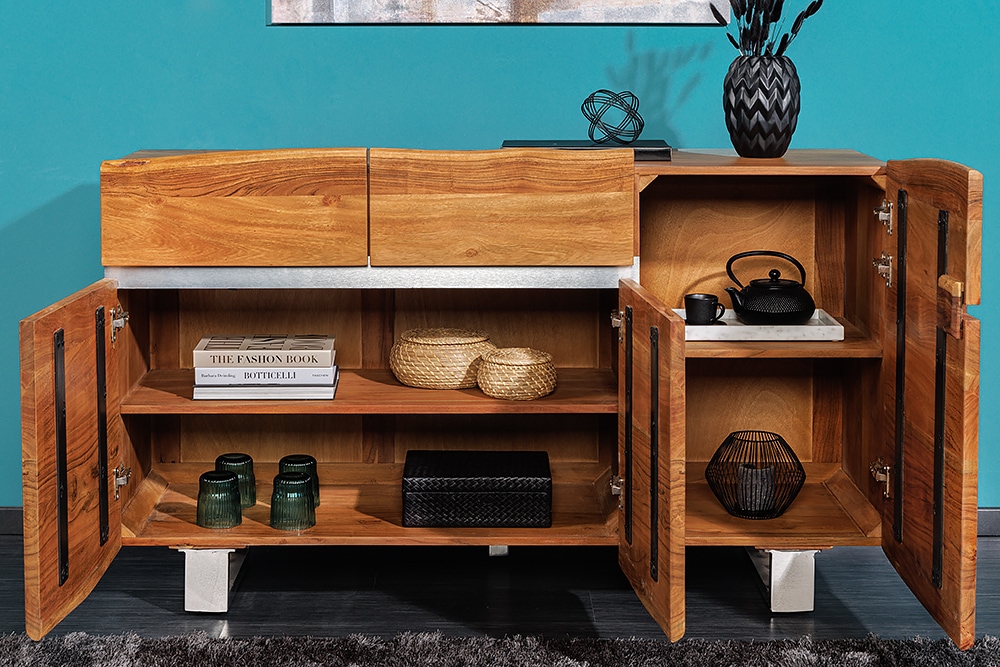 Massivholz Sideboard MAMMUT 135cm Akazie Kommode mit Schubladen Baumkante Edelstahl